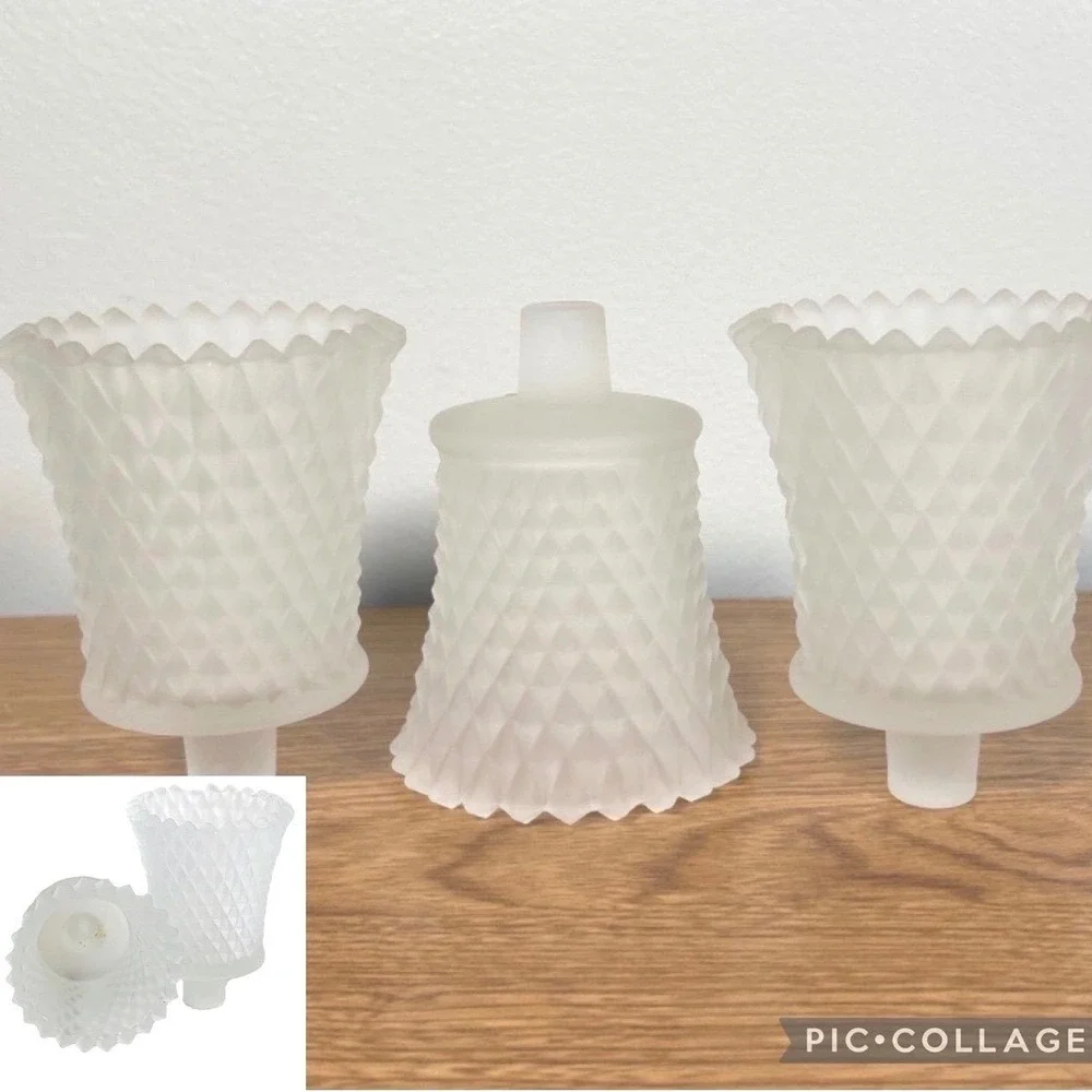 Home Interiors Frosted White Satin Glass Diamond Point Votive Peg Holder 5pc Vtg
